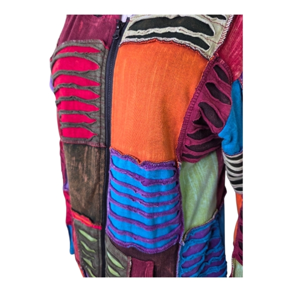 Boho Patchwork Hoodie Jacket Colorful Cotton Zip Up Handmade Nepal S/M Festival - Picture 5 of 9